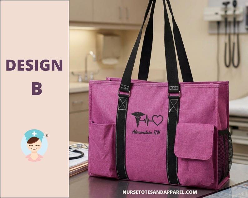 May include: A magenta tote bag with black straps and accents. The bag features a medical symbol, heartbeat, and heart graphic, along with the text "Alexandria RN". It has side pockets and a mesh pocket. The bag is designed for nurses.