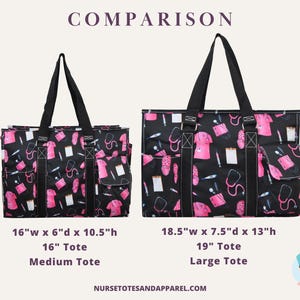 May include: Two black tote bags with a pink medical-themed pattern, featuring stethoscopes, scrubs, and other medical tools. The smaller tote is 16" wide, 6" deep, and 10.5" high. The larger tote is 18.5" wide, 7.5" deep, and 13" high. The word "COMPARISON" is at the top.