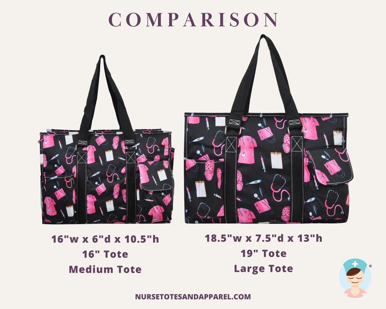 May include: Two black tote bags with a pink medical-themed pattern, featuring stethoscopes, scrubs, and other medical tools. The smaller tote is 16" wide, 6" deep, and 10.5" high. The larger tote is 18.5" wide, 7.5" deep, and 13" high. The word "COMPARISON" is at the top.