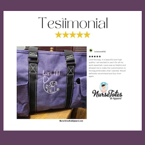 May include: A purple tote bag with black straps and side pockets. The bag features white embroidered text and a graphic of a dog and cat with a stethoscope. The text "Lori LVT" is also embroidered on the bag.