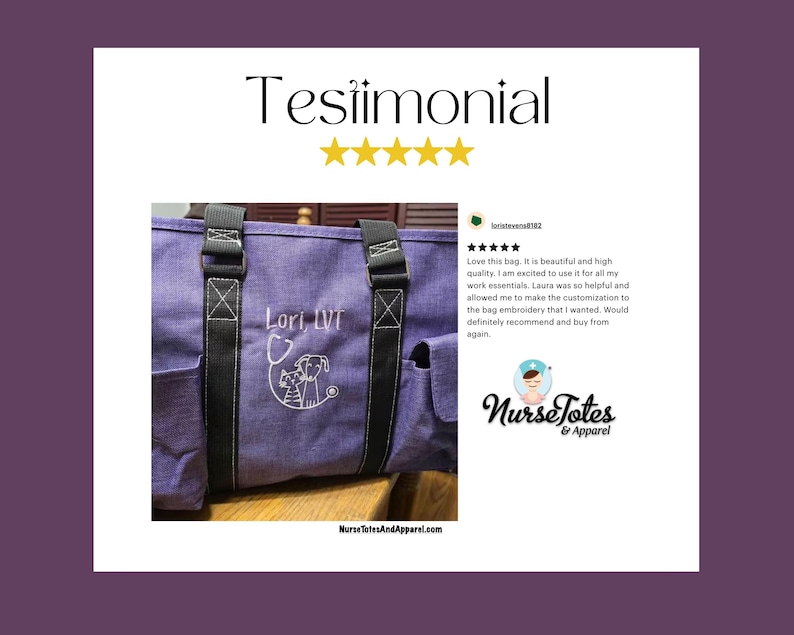 May include: A purple tote bag with black straps and side pockets. The bag features white embroidered text and a graphic of a dog and cat with a stethoscope. The text "Lori LVT" is also embroidered on the bag.