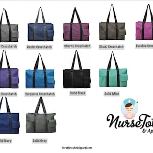 May include: A collection of tote bags in various colors, including grey, denim, cherry, khaki, fuschia, purple, turquoise, black, mint, navy, and grey. Each bag features a crosshatch or solid design, with a pocket and black handles. The Nurse Totes & Apparel logo is also visible.