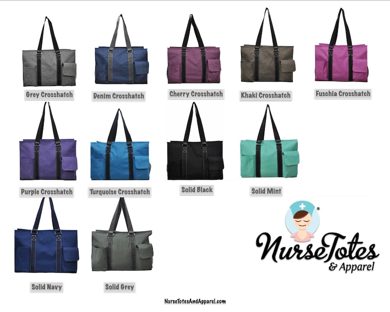 May include: A collection of tote bags in various colors, including grey, denim, cherry, khaki, fuschia, purple, turquoise, black, mint, navy, and grey. Each bag features a crosshatch or solid design, with a pocket and black handles. The Nurse Totes & Apparel logo is also visible.