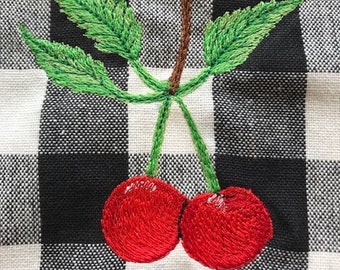 Embroidered Cherries on a Buffalo Plaid Black and White Kitchen Towel