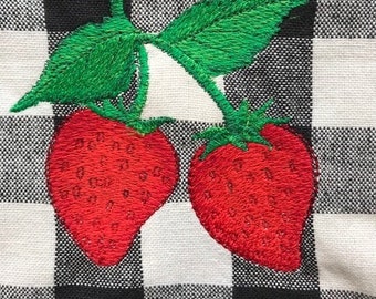 Embroidered Strawberries on a Buffalo Plaid Black and White Kitchen Towel