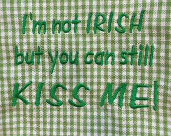 Embroidered St Patricks day 100% cotton green checked kitchen towel with Kiss Me!