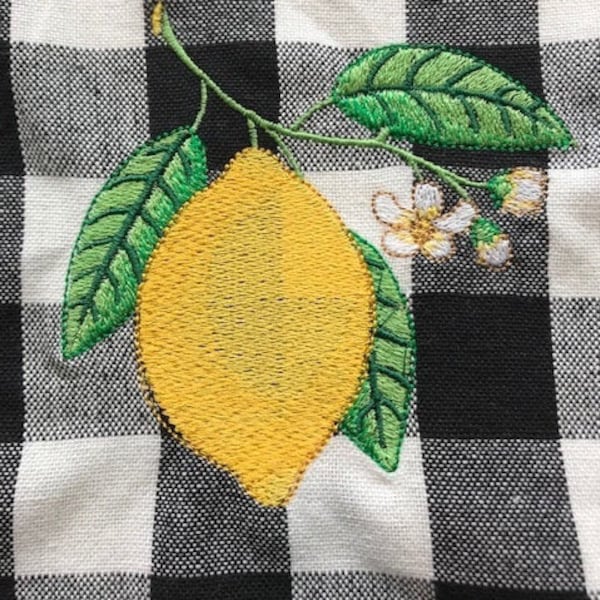 Embroidered Lemon on a Buffalo Plaid Black and White Kitchen Towel