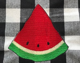 Embroidered Watermelon on a Buffalo Plaid Black and White Kitchen Towel