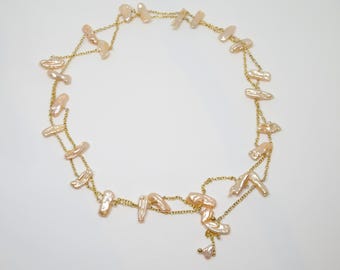 Long/short necklace with Biwa beads