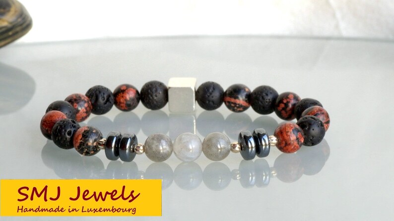 Bracelet perles unisexe jaspe rouge l\u00e9opard h\u00e9matite pierre de lave labradorite AA jaspe argent 925 pierres semi-pr\u00e9cieuses
