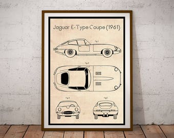 Jaguar E-Type Coupe Print, Jaguar E-Type 1961 Car Patent Poster, Blueprint Industrial Space Wall Art, Instant Digital Download