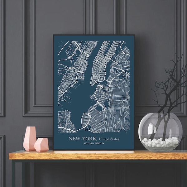 New York Map Poster, Geographical Print, Digital Print Gift, Printable Art, United States City Map