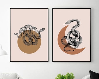 Snake Moon and Sun Abstract Prints Set of 2, Halloween Gallery Wall Decor, Snake Art, Snakes and Moon, Boho Printables
