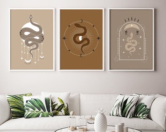 Boho Snakes Abstract Prints Set of 3, Halloween Gallery Wall Decor, Snake Art, Snakes Moon and Stars, Boho Printables