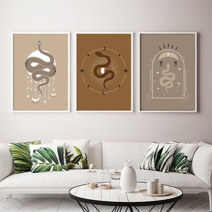 Boho Snakes Abstract Prints Set of 3, Halloween Gallery Wall Decor, Snake Art, Snakes Moon and Stars, Boho Printables