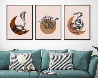 Snakes Moon and Sun Abstract Prints Set of 3, Halloween Gallery Wall Decor, Snake Art, Snakes and Moon, Boho Printables