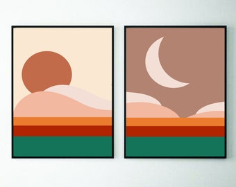 Impresiones de luna y sol, juego de 2 carteles abstractos, arte de pared colorido, decoración boho, impresiones minimalistas celestiales, descarga instantánea