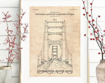 Suspension Bridge Patent Poster, Printable Art, Technical Print, Wall Art Decor, Papyrus and White Background