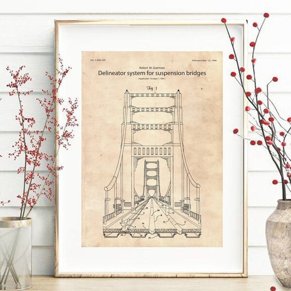 Suspension Bridge Patent Poster, Printable Art, Technical Print, Wall Art Decor, Papyrus and White Background