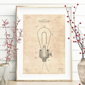 May include: A vintage patent drawing of Thomas Edison's electric lamp, dated September 5, 1882. The drawing shows a detailed illustration of the lamp's internal components, including the filament, glass bulb, and base.