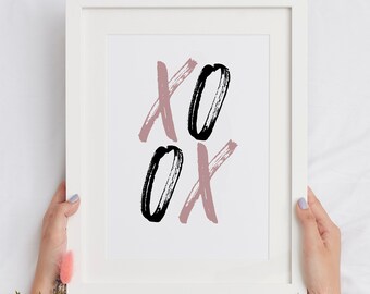 XO Print, Hugs and Kisses Valentine's Day Gift, Printable Art, Wall Decor, Boho Chic Pink, Instant Download