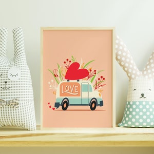 Love Delivery Truck Print, Valentine&#39;s Day Gift Poster, Gift for her, Digital Download A4 Print, Love and Heart Wall Decor