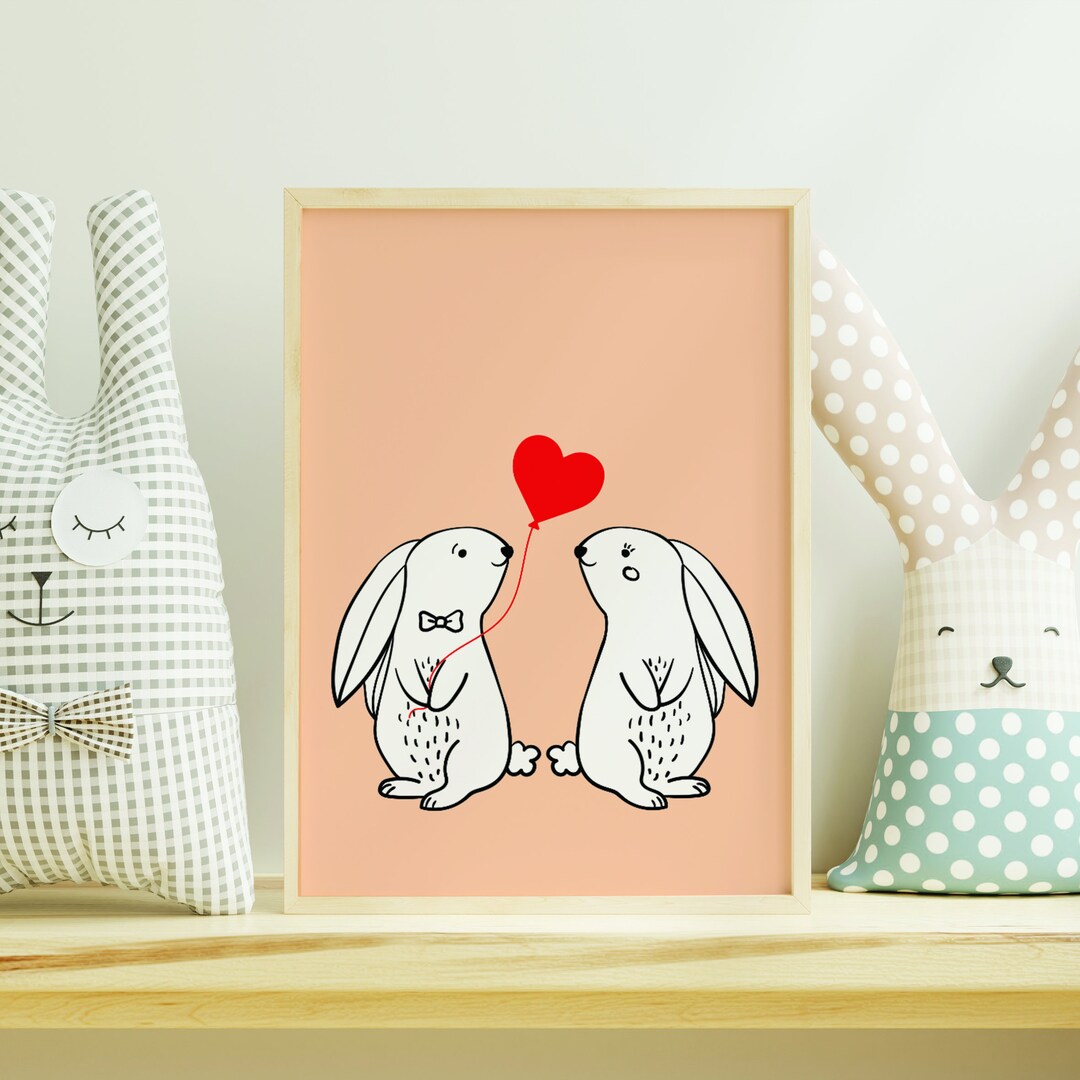 Love Rabbits Print, Heart Balloon Rabbits in Love, Minimalist Poster ...