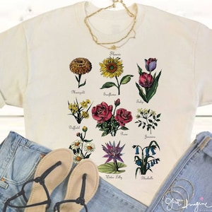 Fleurs ~ Botanical Tee, Vintage shirt, Wildflower shirt ,flower T shirt, flower T Gardening shirt, Garden T shirt, flower shirt, women's Tee