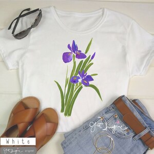 Blu Beauty, T-shirt Iris, T-shirt botanique, t-shirt fleuri, chemise de fleurs sauvages, chemise végétale, t-shirt de mode femme, t-shirt de jardin, mignon, tendance