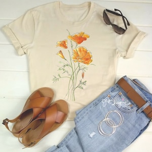 Golden Poppy T-Shirt: Botanical Wildflower Graphic Tee Cotton S-4XL