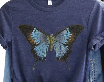 Big Blue Butterfly ~ maglietta alla moda da donna, design vintage, maglietta a farfalla, camicia alla moda, maglietta della fauna selvatica, regalo. camicia natura, camicia carina, farfalla