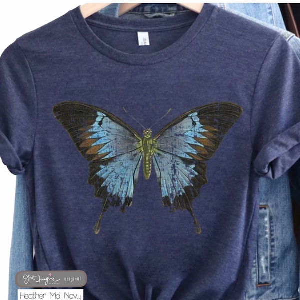 Big Blue Butterfly ~ womens fashion tee, vintage design, butterfly t, trendy shirt, wildlife tee, gift. nature shirt, cute, butterfly shirt