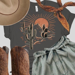 Desert Sunrise T-Shirt: Cactus Graphic Tee, Cowgirl Style, cotton S-4X, travel, women's shirt, western