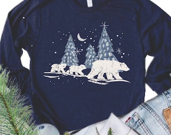 Silent Night Polar Bear Long Sleeve Tee - Christmas Holiday Shirt