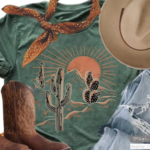 Desert Sunrise ~ Desert Shirt, Adventure Shirt, Travel Shirt, Summer Tee, Cactus Plants, Cowgirl Shirt, Cactus Scene Shirt, cowgirl, gift