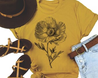 Vintage T-shirt Poppy: T-shirt met botanische bloem