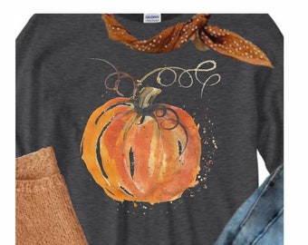 Painted Pumpkin ~ Pumpkin Long Sleeve Tee, Thanksgiving Tee, Cute Fall Shirt, Fall T, Pumpkin Silhouette, long sleeve Tee, Women's pumpkin t