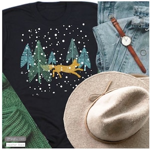 ウィンターフォックス〜レディースTシャツ、クリスマスプレゼント、彼女へのプレゼント、シックなTシャツ、レディースファッションTシャツ、かわいいTシャツ、レディースTシャツ、冬用Tシャツ、動物、冬