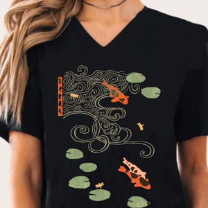 Vintage Japanese Koi Fish V-Neck Tee: Art Nouveau Design