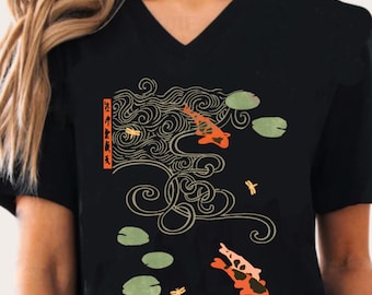 Vintage Japanese Koi Fish V-Neck Tee: Art Nouveau Design
