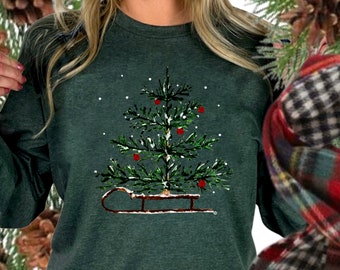 Christmas Sleigh Long sleeve tee ~ holiday long sleeve tee,Women&#39;s Christmas tee,holiday t,long sleeve sweater,winter tree shirt,sleigh tee