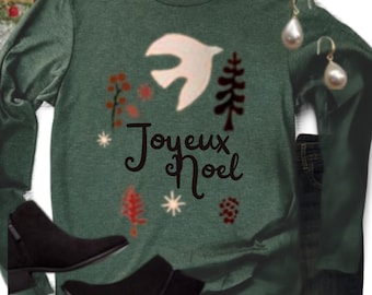 Joyeux Noel ~Women's Long sleeve tee, holiday sweater, long sleeve holiday tee, long sleeve sweater, winter tee, shirt,Christmas tee,
