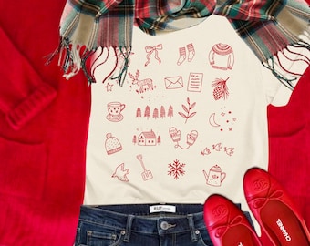 Winter Favorite Things T-Shirt: Women's Holiday Tee, cotton S-4X, gift, hand drawn