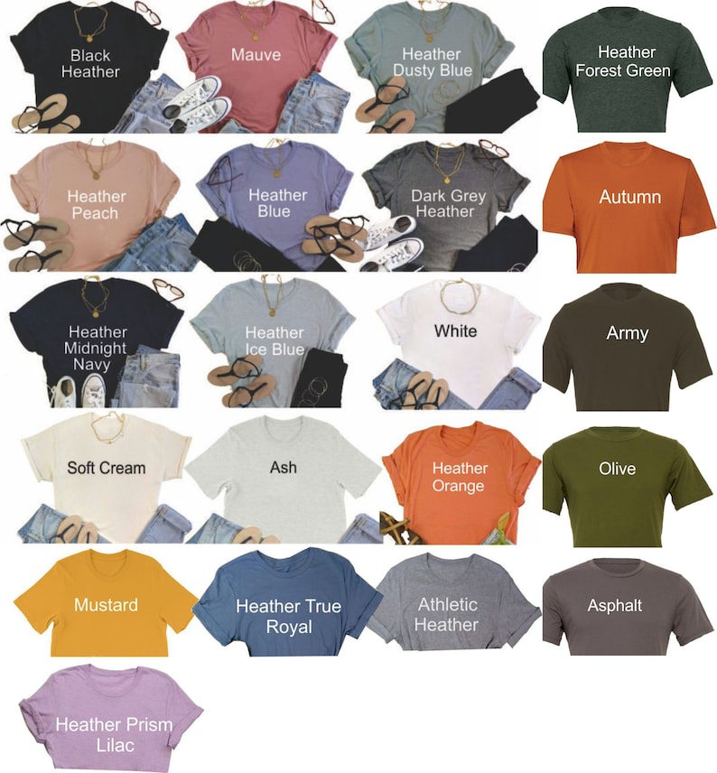 Puede incluir: Una colecci&oacute;n de 16 camisetas de diferentes colores con varias descripciones de texto, incluyendo "Black Heather", "Mauve", "Heather Dusty Blue", "Heather Forest Green", "Heather Peach", "Heather Blue", "Dark Grey Heather", "Autumn", "Heather Midnight Navy", "Heather Ice Blue", "White", "Army", "Soft Cream", "Ash", "Heather Orange", "Olive", "Mustard", "Heather True Royal", "Athletic Heather", "Asphalt" y "Heather Prism Lilac".