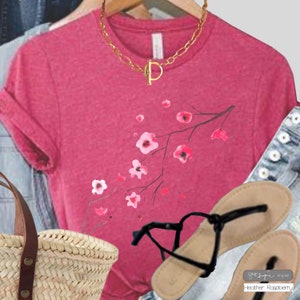 水彩桜〜ボタニカルシャツ、ボタニカルTシャツ、ワイルドフラワーシャツ、ガーデンシャツ、ワイルドフラワーTシャツ、桜レディースフラワーTシャツ