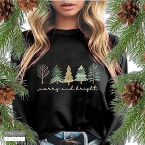 Merry and Bright long sleeve ~Women&#39;s Long sleeve tee, Christmas long sleeve t, long sleeve holiday t, long sleeve sweater, winter tee, tree
