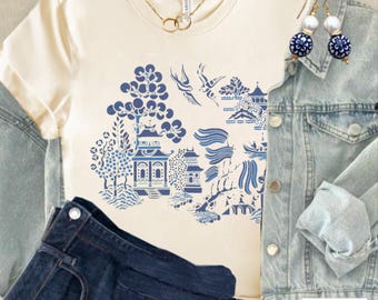 China Blue Graphic Tee: Asian Art Women's Fashion T-Shirt