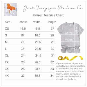 May include: Unisex tee size chart with measurements in inches for chest, width, and length. Sizes range from XS to 4X. The chart is on a white background with a gray tee shirt in the corner.