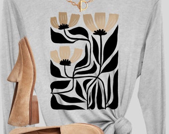 Dark Flora Long Sleeve T-Shirt: Women's Botanical Graphic Tee Boho cotton S-2XL