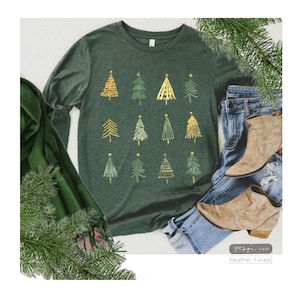 12 árboles de Navidad ~Camiseta de manga larga para mujer, camiseta de manga larga festiva, camiseta festiva de manga larga, suéter de manga larga, camisa de árbol de invierno